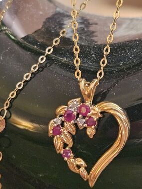 14k Solid Yellow Gold Heart Pendant Necklace with Rubies Accented By Diamods